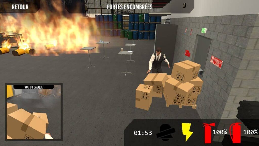 Interface du simulateur d'incendie en réalité virtuelle "Extincteur VR" par ALFI Digitech