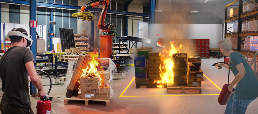 Formation incendie avec Extincteur AR dans un atelier et Extincteur VR dans un environnement simulé